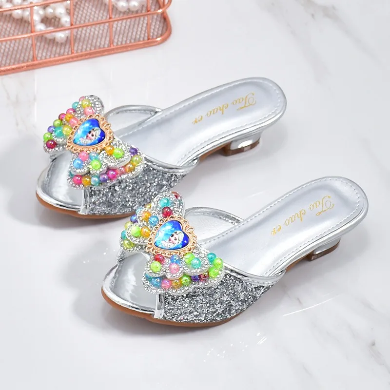 Girls High Heels Shoe Slippers Children Slippers Bow A Word Drag Sandals Soft Bottom Kids Party Wedding Performance Princes Shoe