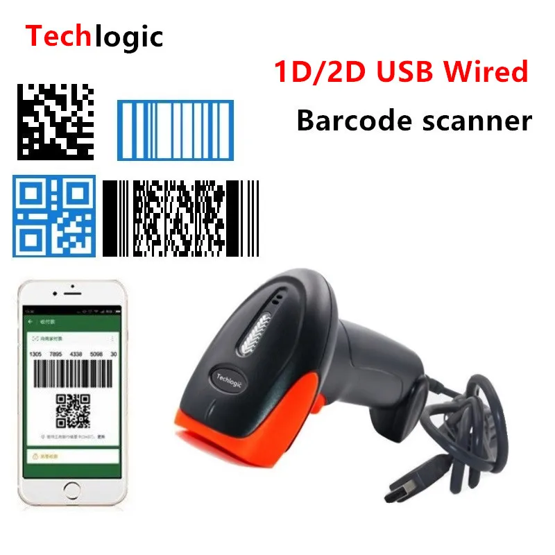 Techlogic 1D 2D Wireless Bluetooth USB Wired 3 in 1 Barcode Scanner 2D QR PDF417 Data Metrix Bar Code Reader