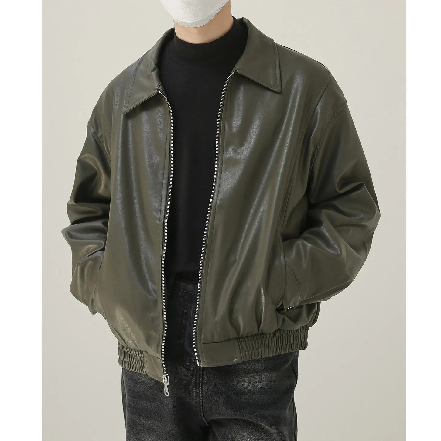 

American Style Spring Autumn New Fashion Men's Loose Simple Basic Casual Trendy Turn-down Collar Long Sleeve Faux Leather Coats