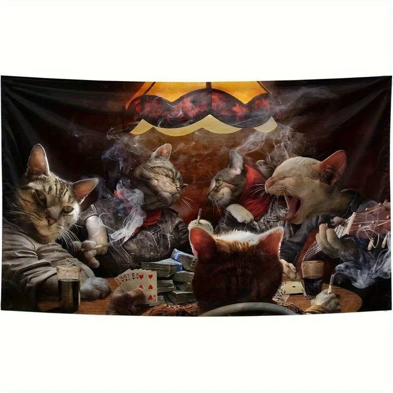 Scene of the five cats playing poker game polyester wall tapestry suitable for use in living rooms bedrooms offices bars party