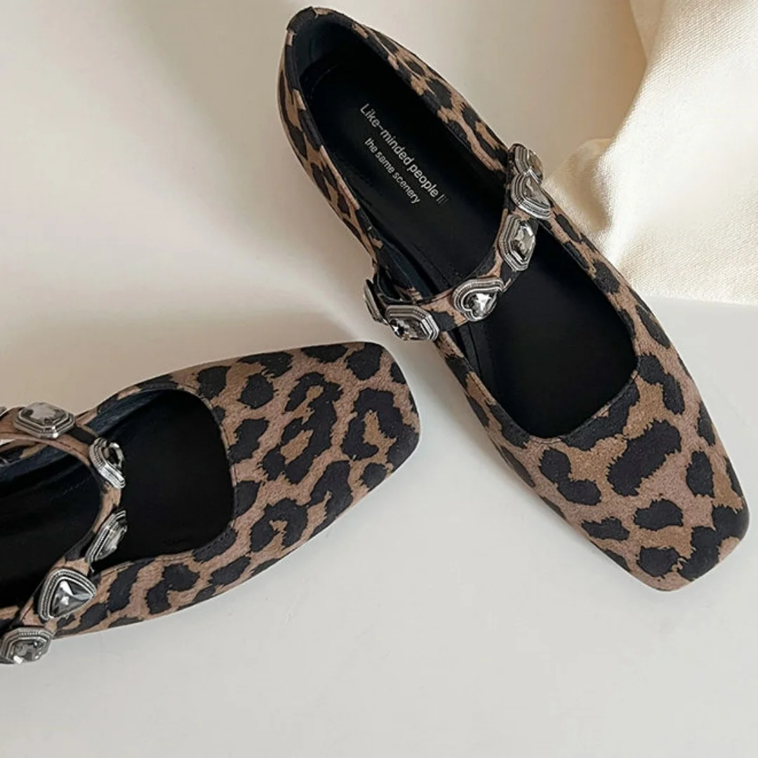 2025 Spring new women's leopard natural suede leather crystal buckle slip-on Mary Jane flats square toe elegant ladies soft shoe