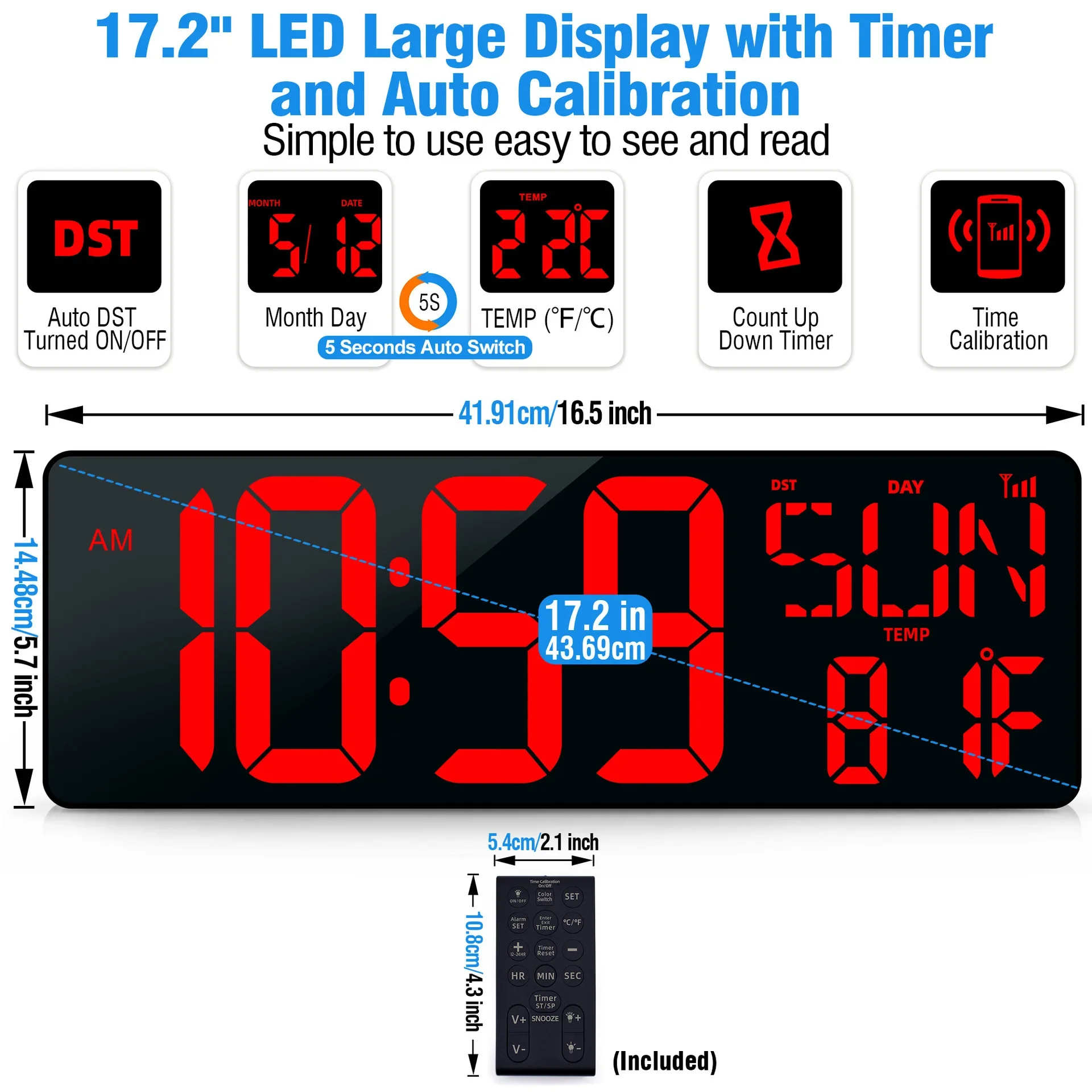 17,2 cala/43 cm Duży cyfrowy zegar ścienny Temperatura Data Duży ekran Wyświetlacz Bluetooth RGB Kolorowe zegary elektroniczne z pilotem