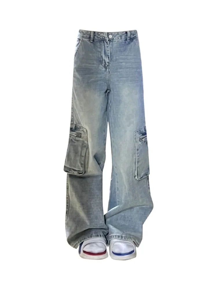 

American Retro Baggy Washed Blue Wide Leg Pants High Waist Zipper Fly Classical Jeans Fashion Cyber Streetwear Grunge Oversize