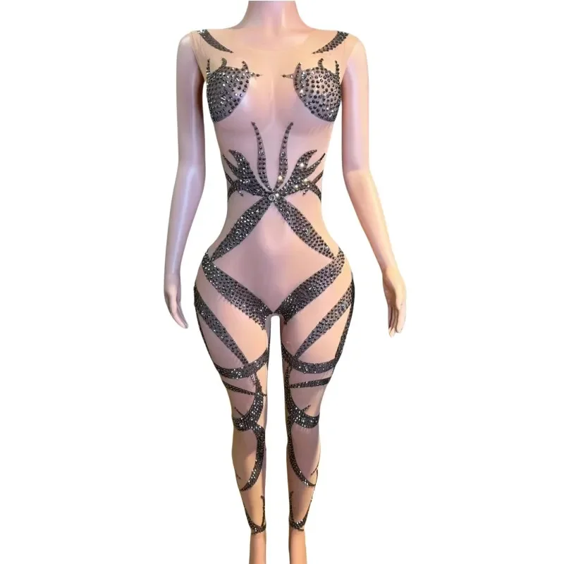 

Bar Nightclub Sexy Transparent Bodycon Jumpsuit Pole Dance Tights Fashion Sheer Rhinestones Women Performance Costume Show Wear