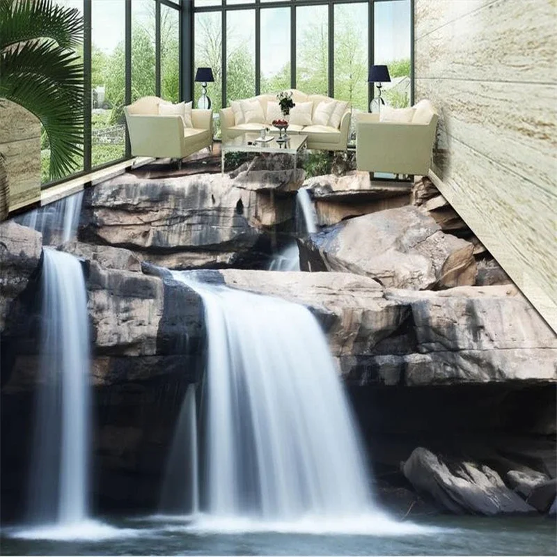 beibehang floor tiles Waterfall stone 3d floor photo wallpaper vinyl flooring Self-adhesive bedroom wallpaper 3d pvc flooring