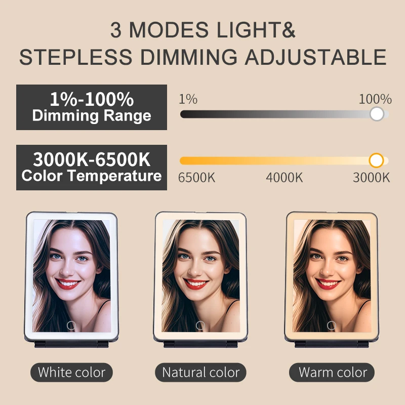 مرآة مكياج LED قابلة للطي مع مرآة زينة لسطح المكتب ببطارية 1500 مللي أمبير في الساعة مع ضوء ساطع قابل للتعتيم للسفر المنزلي #2