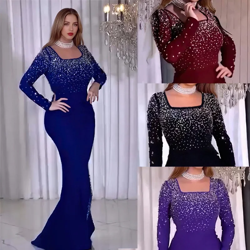 

African Party Dresses Diamonds for Women Square Neck Long Dresses Ankara Dashiki Wedding African Dresses Gown Muslim Kaftan Robe