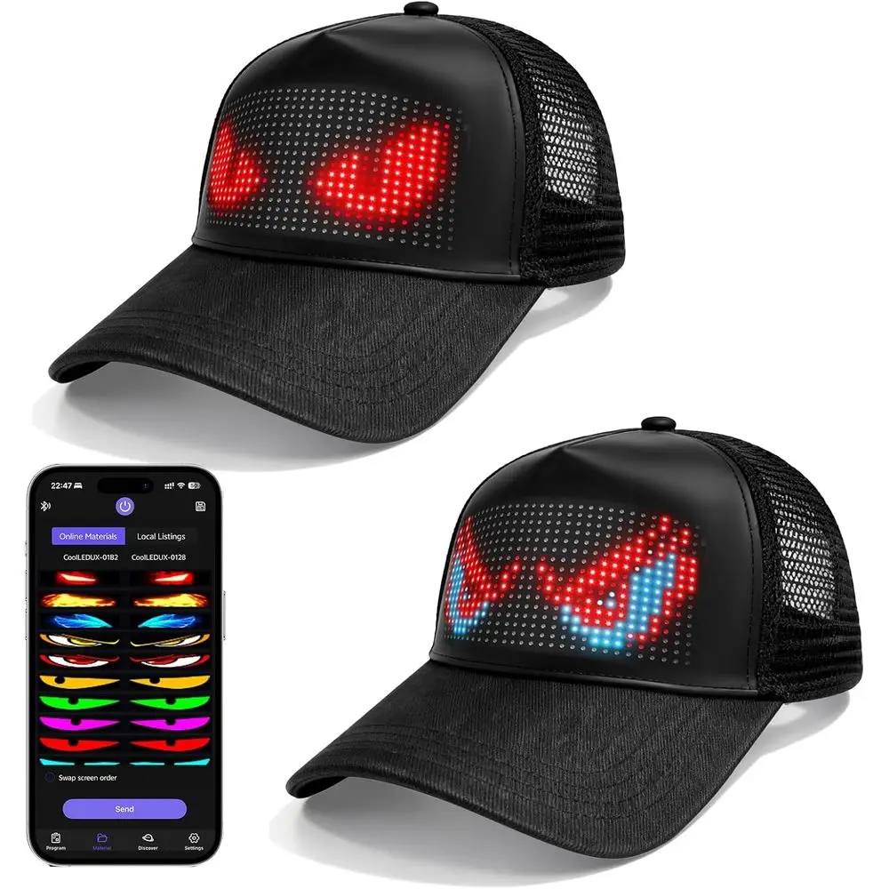 

Кепка с полноцветным LED-дисплеем, управляемым по Bluetooth, и настраиваемым бегущим текстом