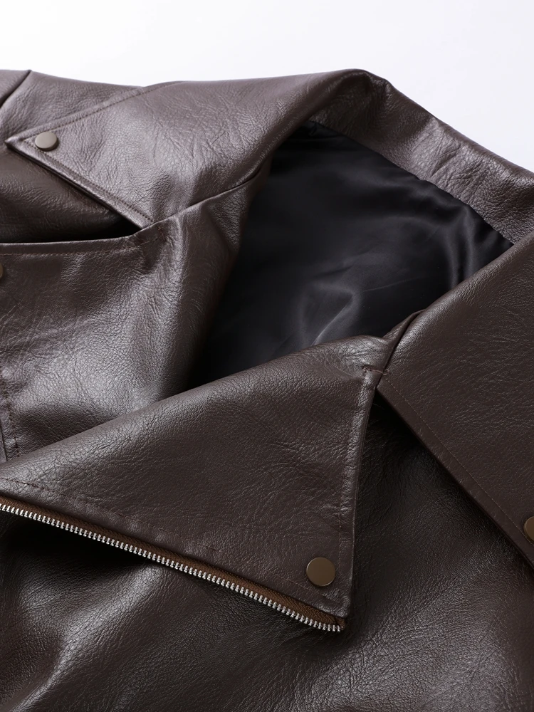 PU หนังแจ็คเก็ตผู้หญิงซิป Turn-Down COLLAR หลวมเสื้อแฟชั่นหรูหราสีน้ําตาล 2025 ฤดูใบไม้ร่วง Street รถจักรยานยนต์เสื้อกันหนาว TOP