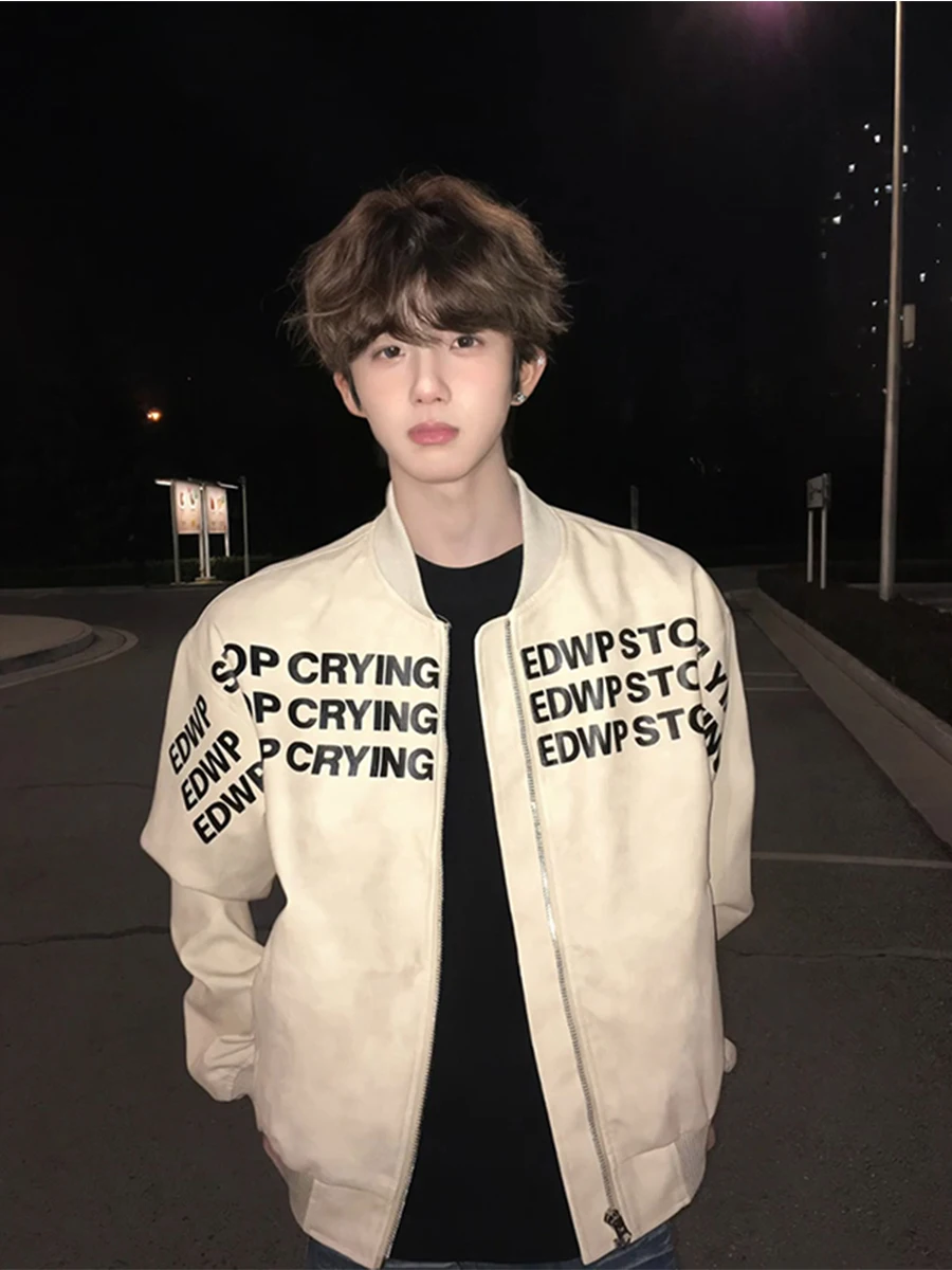 

i Color Letter ort Men's Jaet American High Street Sle Spring Autumn Baseball Coat Premium Feel oulder Pad PU Leat...