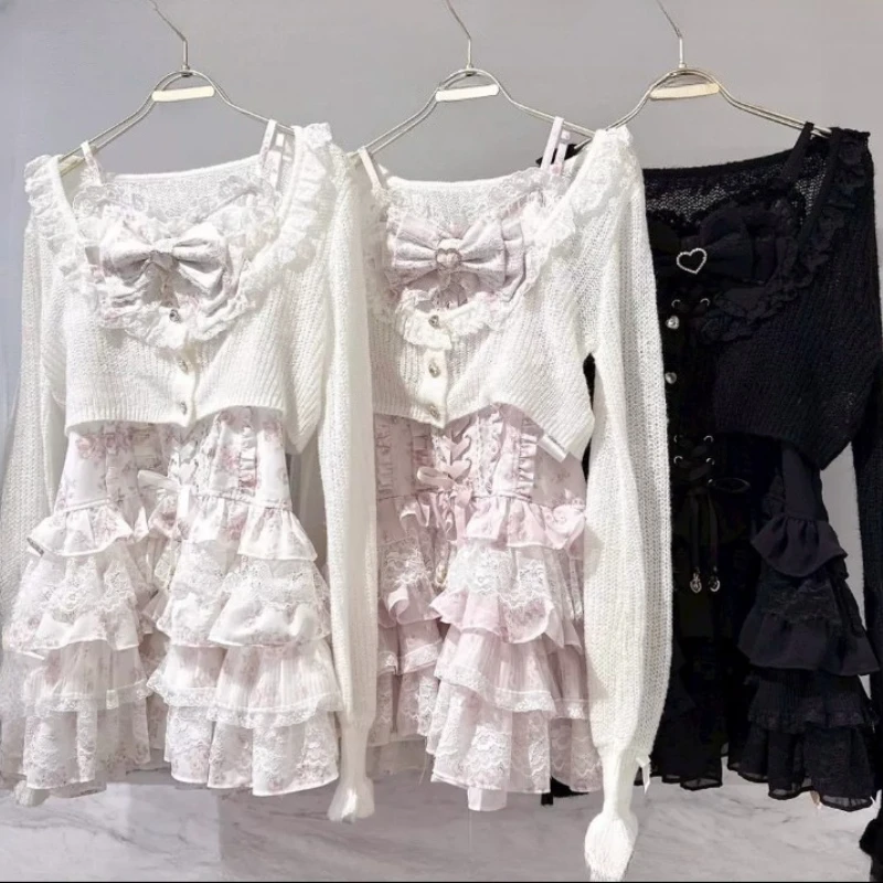 

Liz Dress Set Women Girls 2026 New Summer Florals Suspender Dress Knitting Sweater Cardigan Top Sweet Lolita Dress 2-piece Set