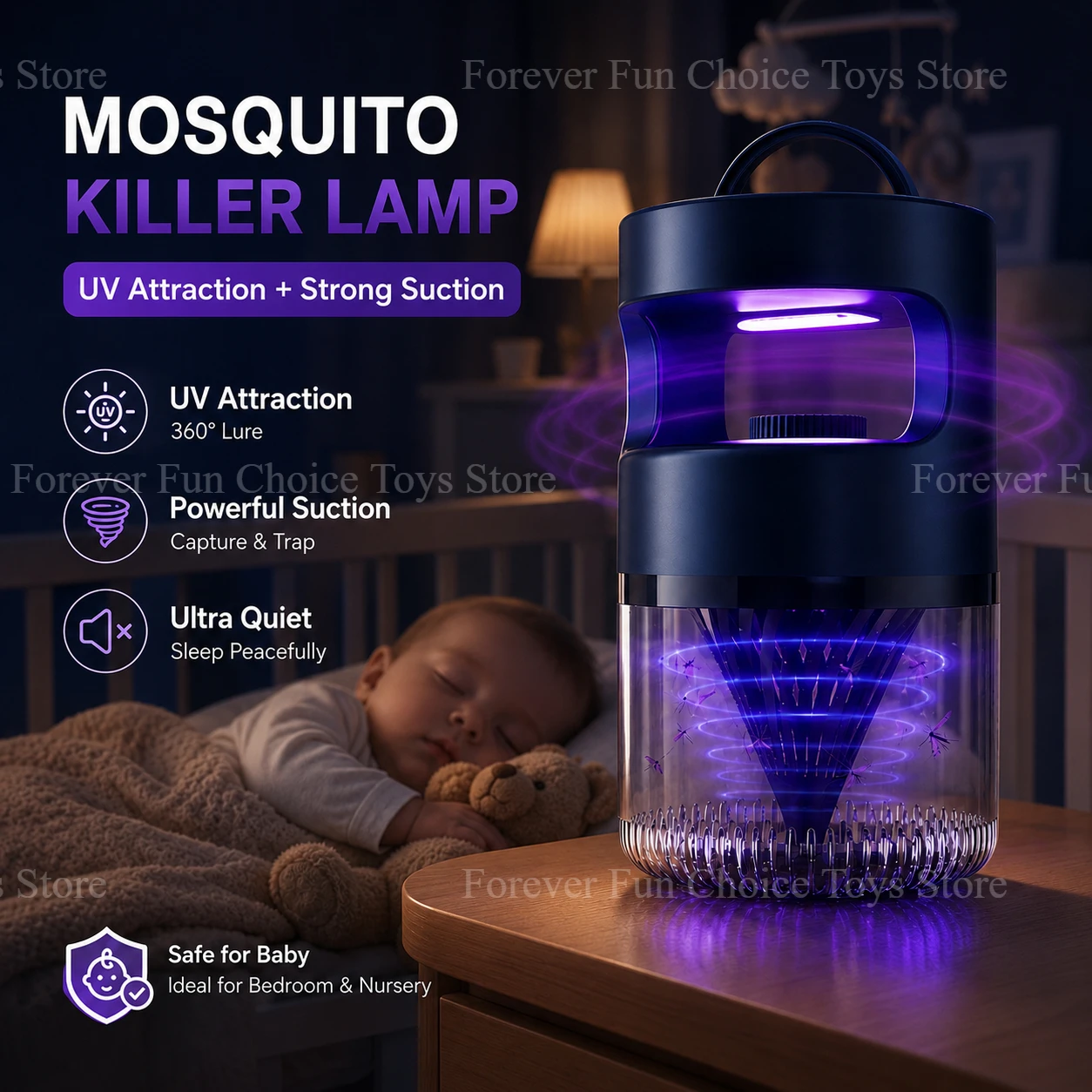 Lampe anti-moustiques à inhalation, lumière UV, usage domestique intérieur, piège à moustiques silencieux, lumière LED violette, type aspiration, attrape-insectes