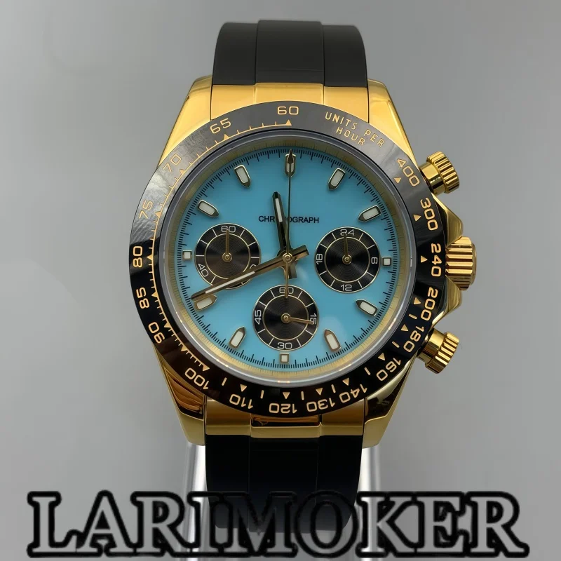 LARIMOKER 39mmMen's Sports Quartz Watch VK63 Movement Chronograph Luminous Dial Rubber Strap Sapphire Stainless Steel Solid Case