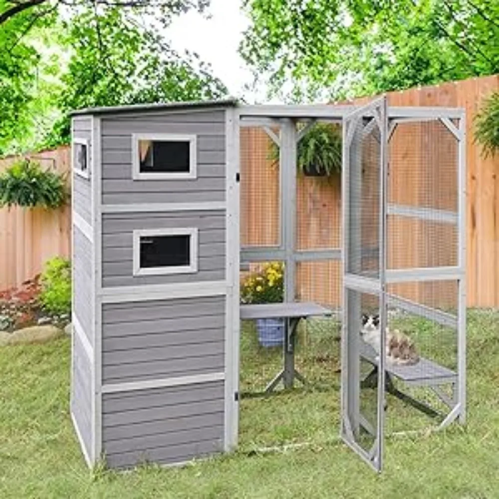 Cat House, Cat Enclosure Outdoor Wooden Cat House Large Catio Vertial Kitten Kennel Cats Cage 4 Tiers 77