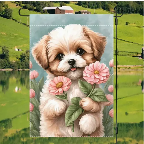 Double-Sided Spring Garden Flag - Flower Puppy Design, Waterproof Burlap, 12x18