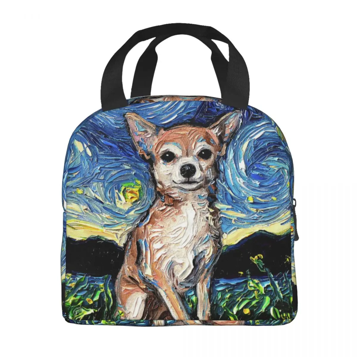 Chihuahua Starry Night Art Thermal Insulated Lunch Bag Women Portable Lunch Tote for Outdoor Picnic Multifunction Food Bento Box