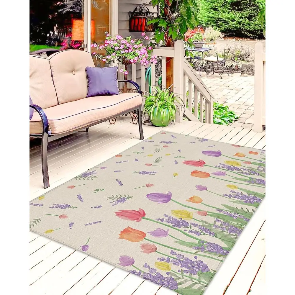 

5x8ft Patio Rug - Summer Floral with Purple Lavender Tulips, Indoor/Outdoor, Washable Cotton Linen Mat for Deck and Backyard