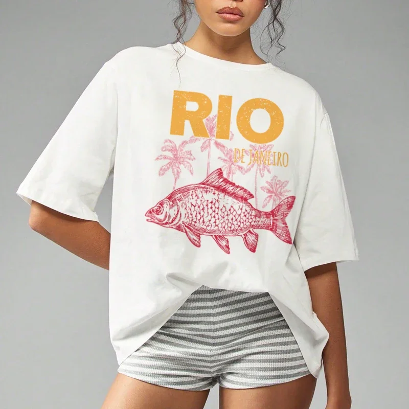 Fish Graphic Printed Cotton Tee for Women Fasion Short Sleeve Vintage T-Shirt 2025 Oversized Palm Tree Print Basic Blouse Tops