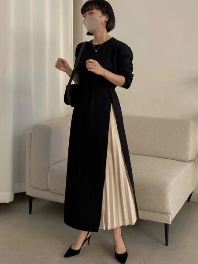 Ele Chic Dzianinowa Sukienka Midi Damska z Okrągłym Dekoltem, Zdobiona Plisami w Talii, Długa, Jednoczęściowa, Ekskluzywna Oferta Online