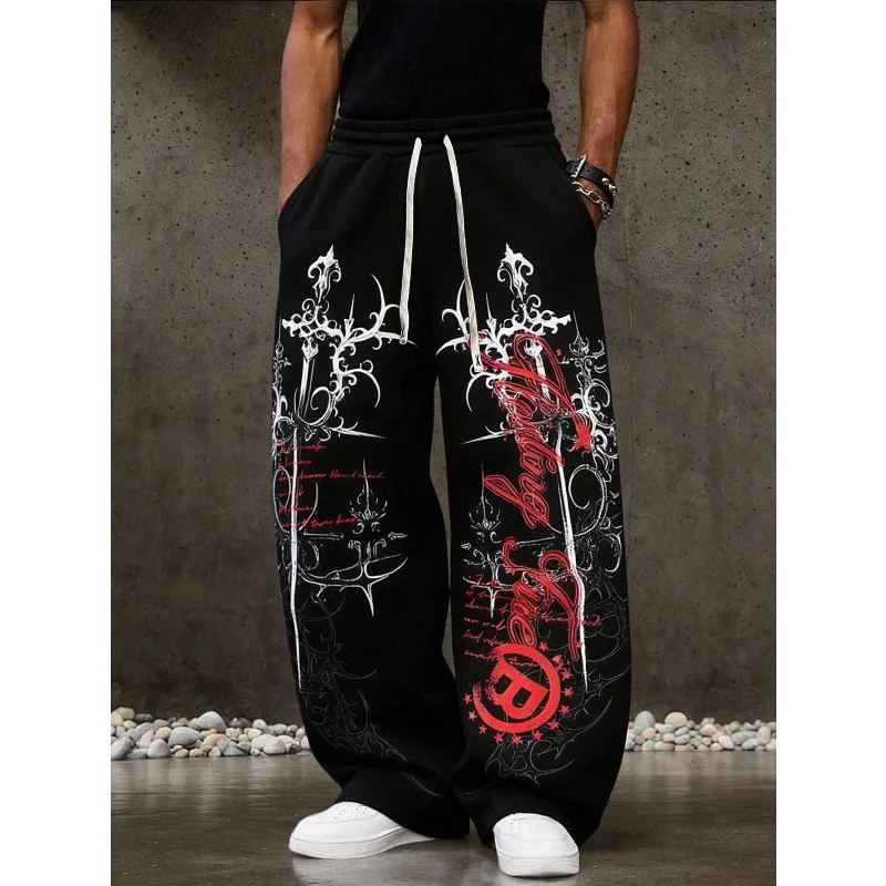 2026 Men's and Women's Y2K Gothic Angel Print Wide Leg Sports Pants Wear Hip-hop Casual Drawstring Pants Harajuku Street Style