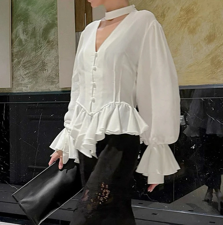 

Женская элегантная блузка с рюшами, сексуальный топ с глубоким v-образным вырезом в стиле пэчворк, топы на пуговицах с длинными рукавами, вечерние модные клубные тонкие вечерние топы