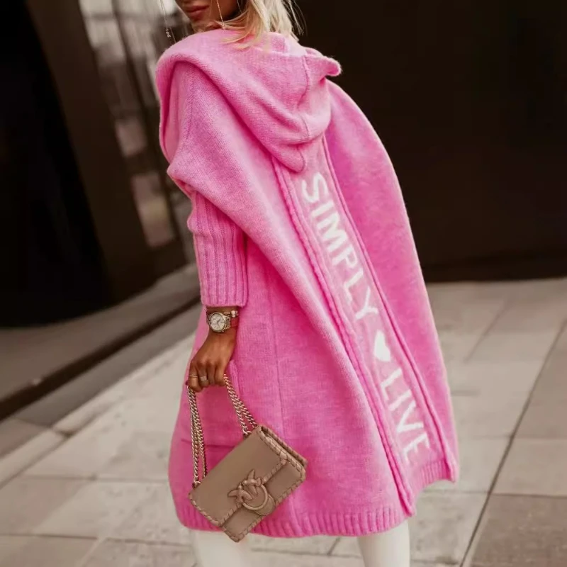 

Long Cardigan Knit Women Sweaters Casual Print Letter Loose Full Sleeve Hooded Coats Thick Pocket Sweater Lady Autumn Winter