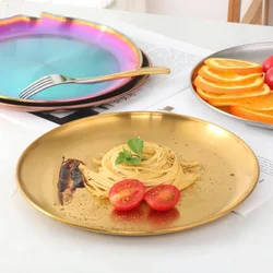 Stainless Steel Round Dining Plate Food Steak Meat Fruit Cake Colorful Orient Tray Easy Clear for Kitchen,1Pc Silver Plates