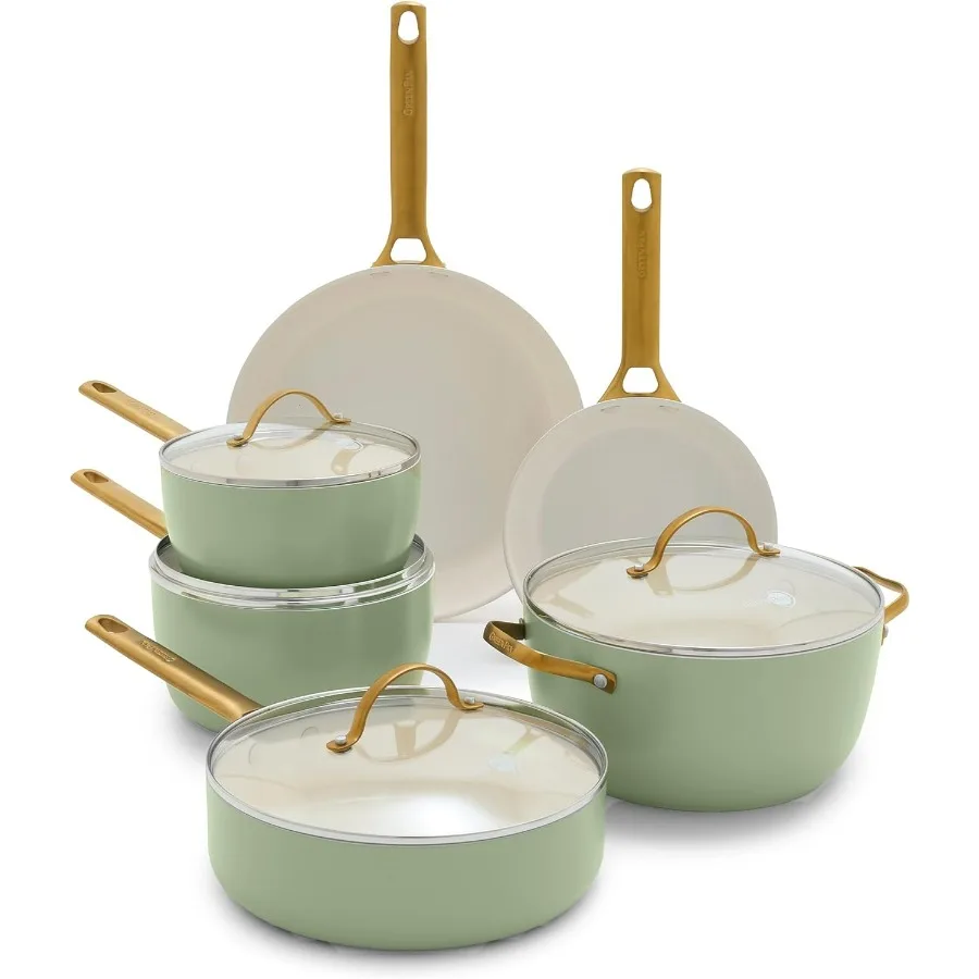 

Набор кастрюль и сковородок из твердой анодированной керамики с антипригарным покрытием, ручки из нержавеющей стали золотого тона, без PFAS и PFOA,