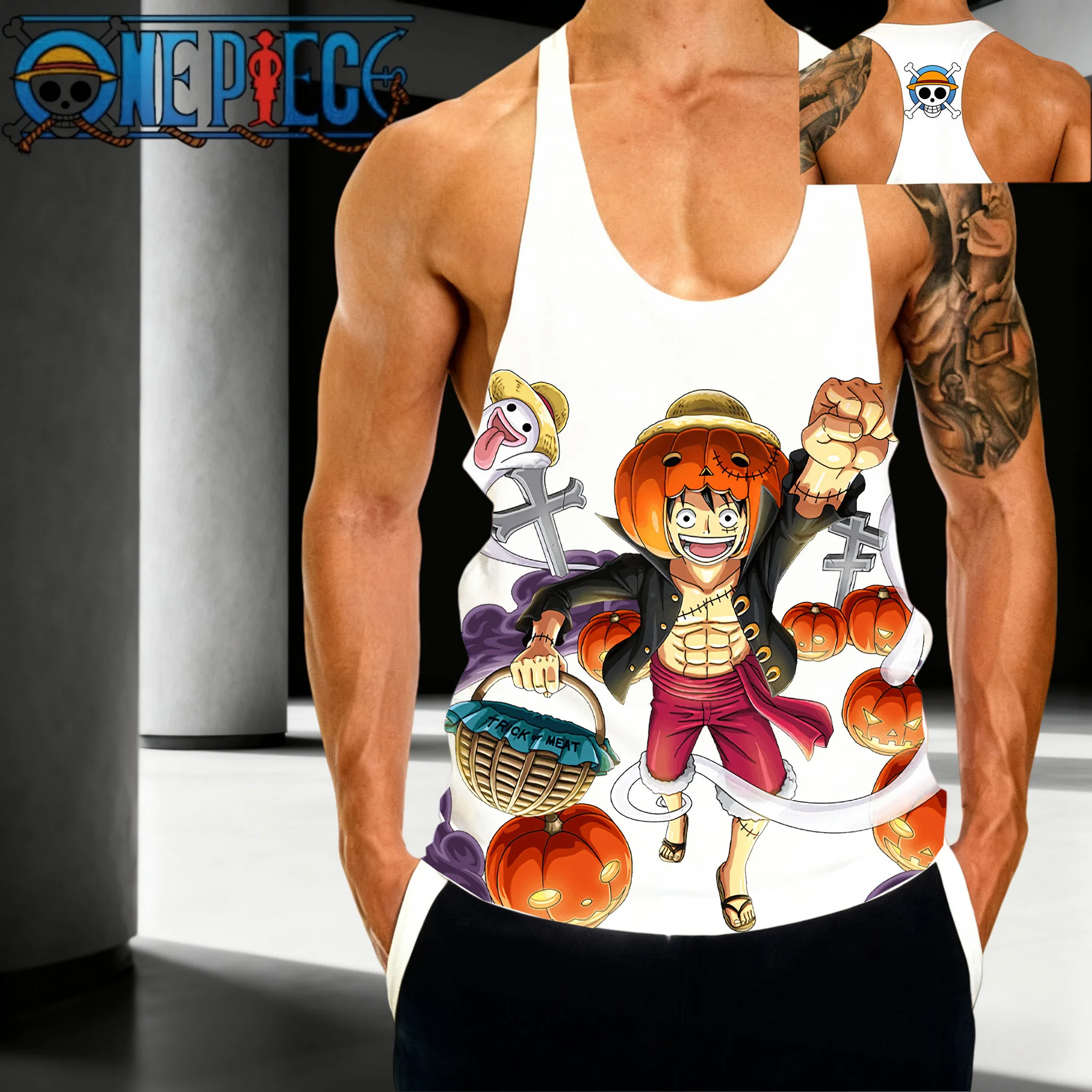 

Popular Anime "One Piece" Halloween Theme Munch D. Luffy Pattern 2025 Summer New Men's Sports Fritness Cotton Sleeveless Vest