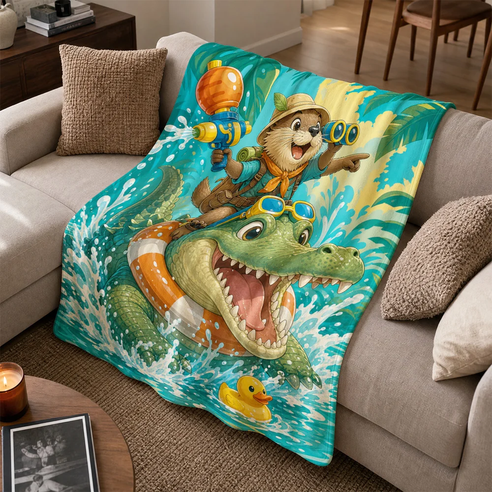 Adorable Cartoon Throw Blanket for Couch Sofa Decor Tropical Jungle Safari Theme Crocodile Bear Duck Kids Cute Animal Throw Over