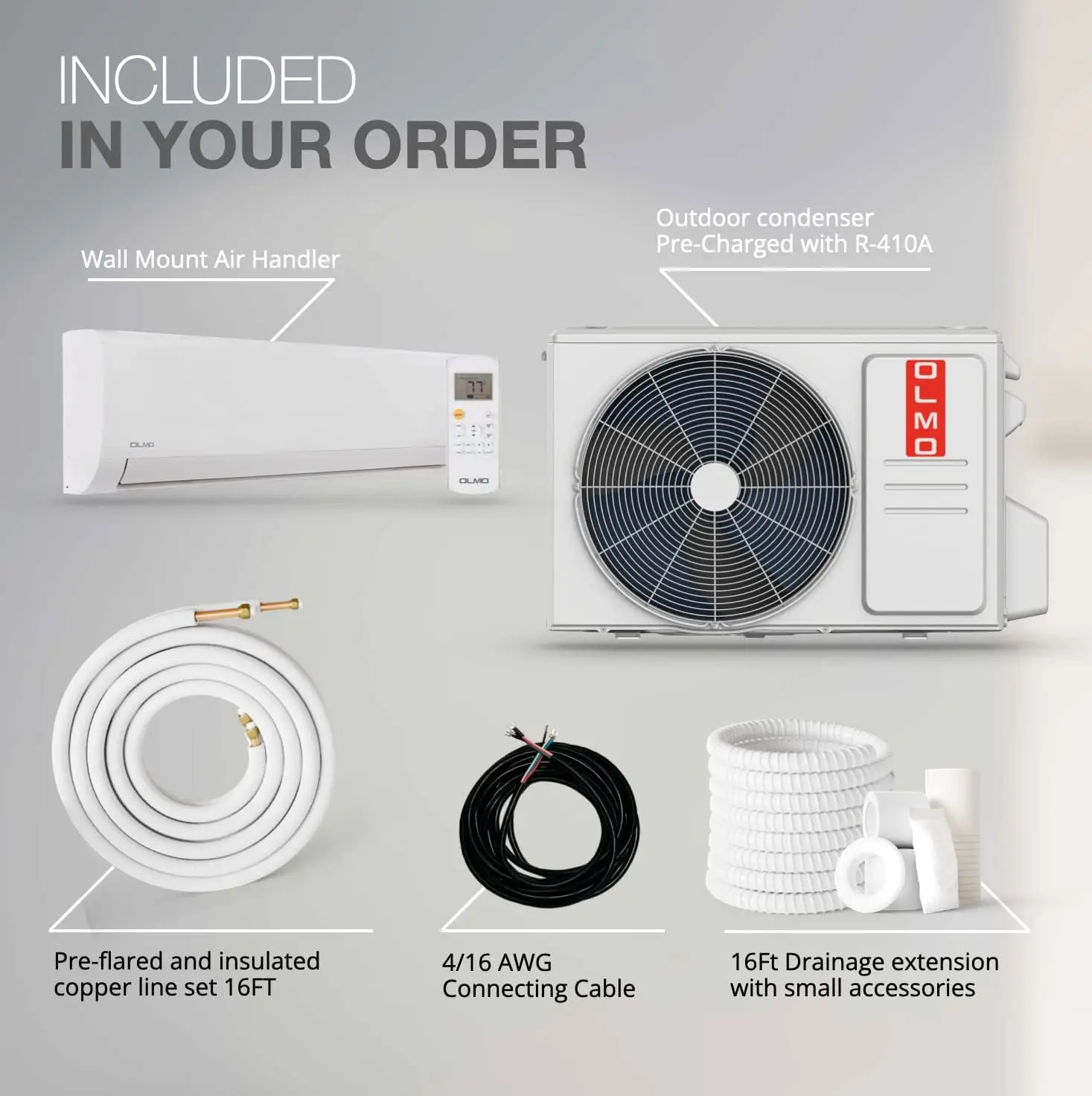 OLMO Alpic 18000 BTU Ductless Mini Split Air Conditioner Heating and Cooling Full Set with 16ft Installation Kit