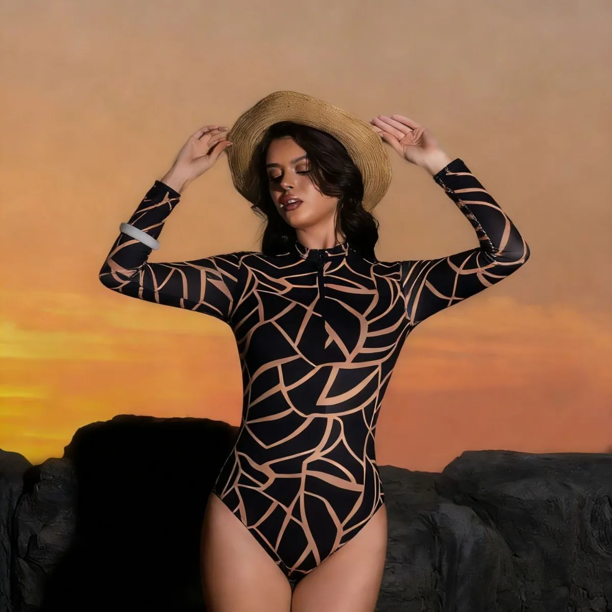 

New Summer Women's Sexy and Fashionable Printed Long Sleeved Sunscreen One-piece Swimsuit Two-piece Set