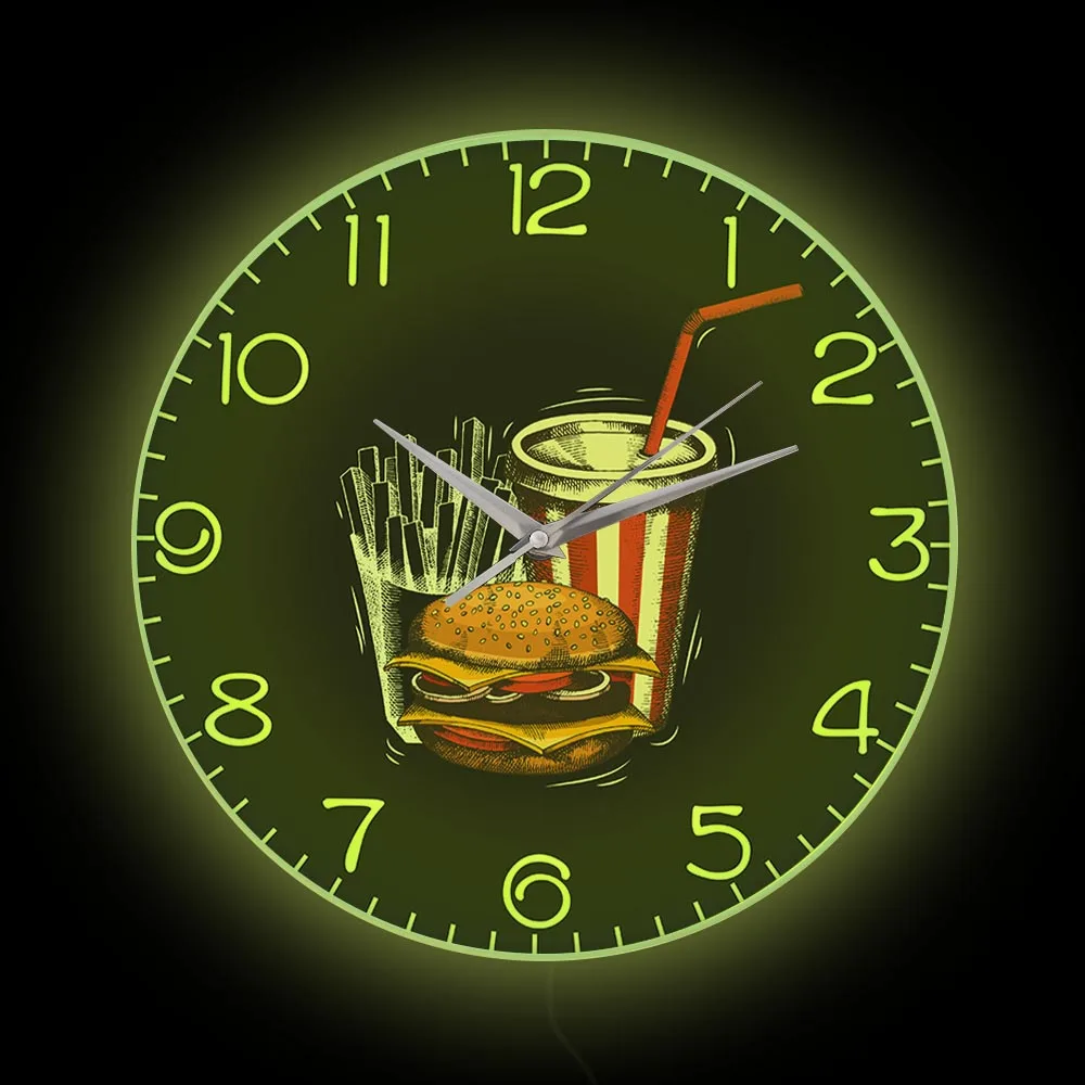 Hamburger French Fries Soda Modern Design Nelon Light Sign Wall Clock For Snack Bar Fast Food Restaurant Glow In The Dark Clock