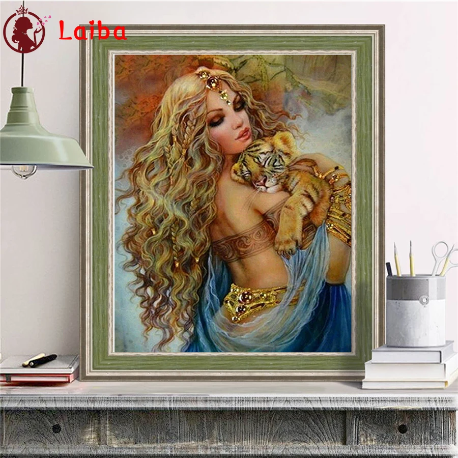 Sexy Blonde Woman and Cute Little Tiger Diamond Mosaic, Full Drill, Square, Round Cross Stitch, Handmade Hobby