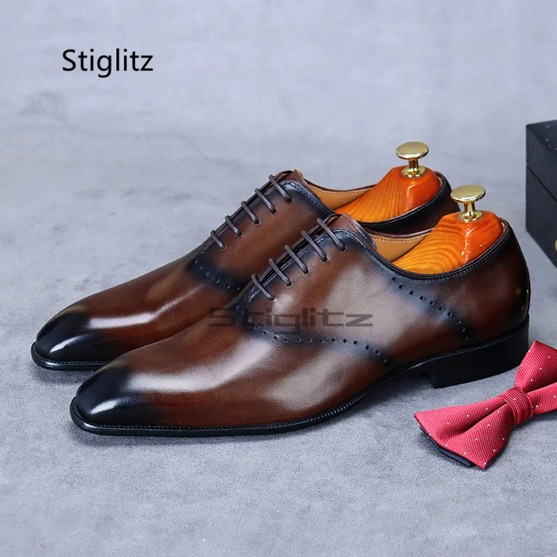 Classic Men's Oxford Leather Shoes Small Square Toe Lace-Up Brogue Wedding Business Office Formal Gentleman Shoes Wear-Resistant