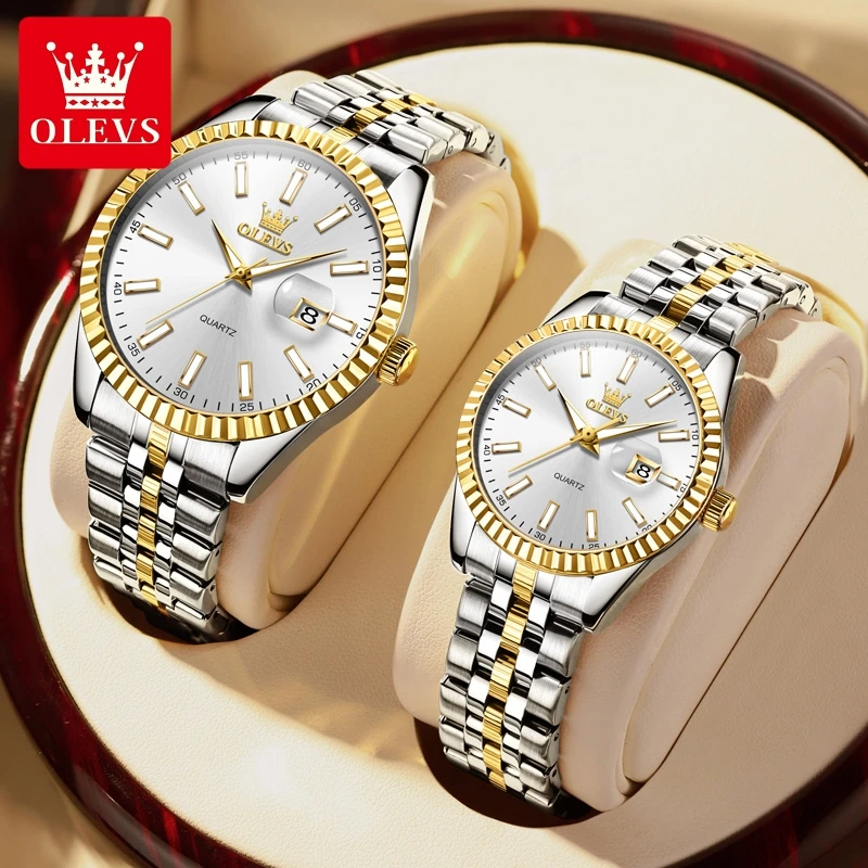 OLEVS-Montre de Couple à Quartz de Marque de Luxe en Acier Inoxydable, Étanche, pour Amoureux, avec Calendrier, à la Mode, pour Homme et Femme