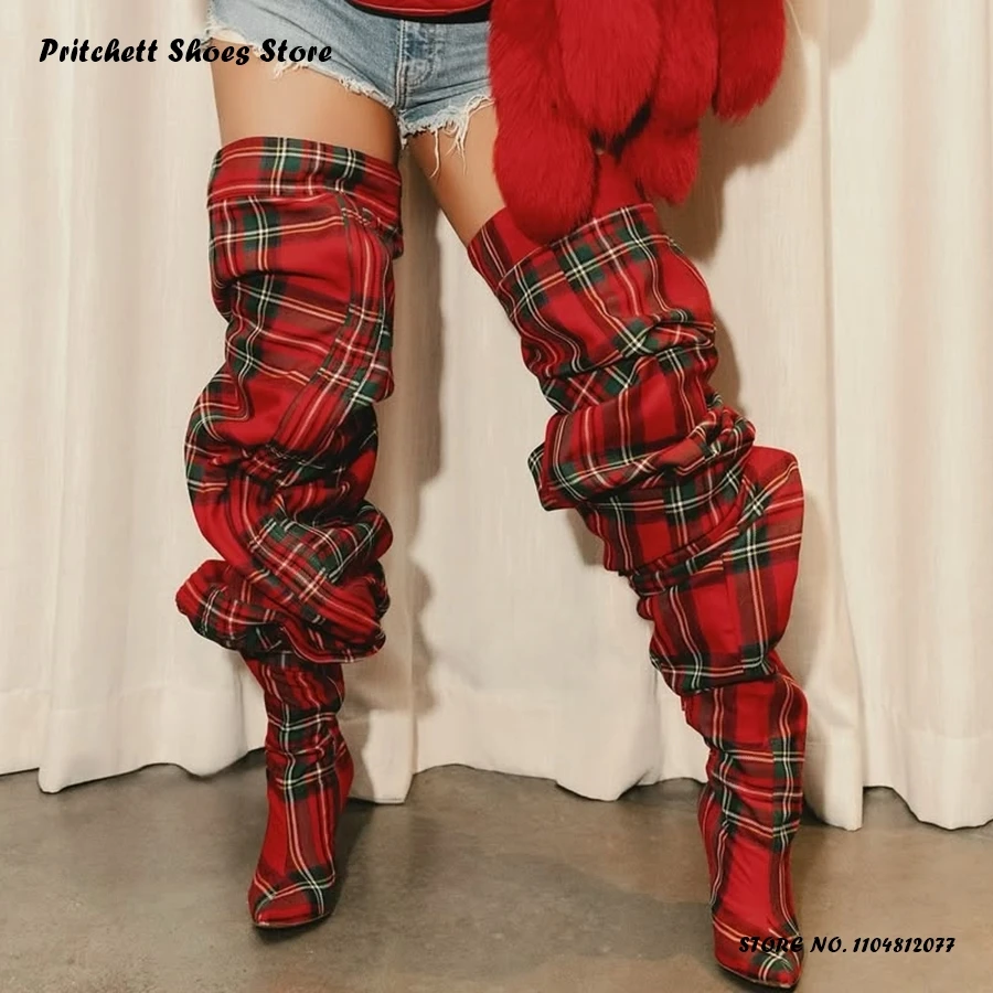 Women's Red Plaid Stiletto Modern Boots Spring Autumn Pleated Over-the-knee Boots Pointed Toe Thin Heels Trending Casual Shoes
