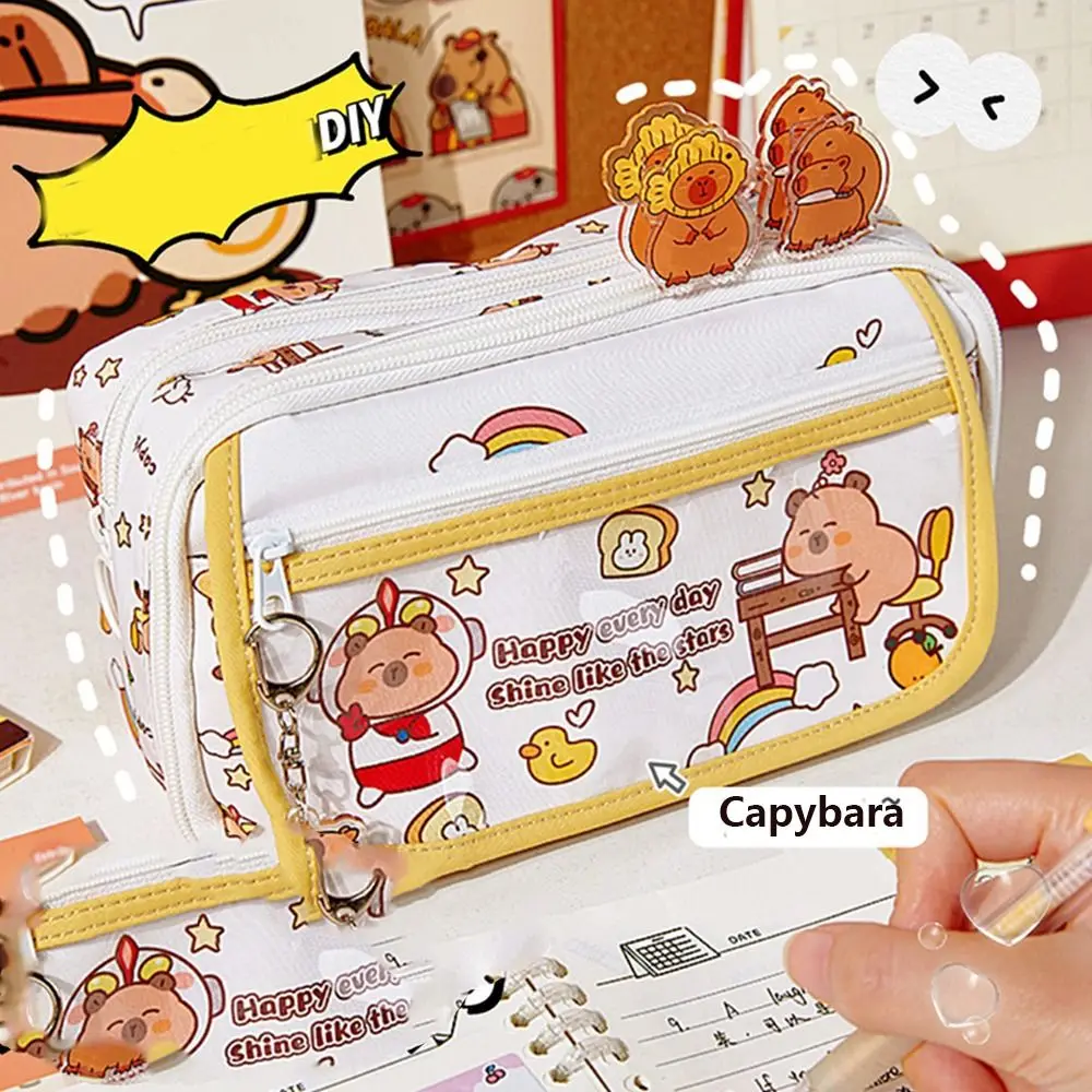 Large-capacity Capybara Pencil Bag Storage Box Canvas Capybara Pen Pouch Korean Style Capibala Cartoon Pen Bag Student Kid