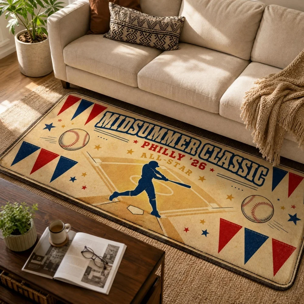 Vintage Baseball Sport Flannel Runner Rug, Retro All Star Long Floor Mat, Non Slip Boys Bedroom Sports Room Decor Rug