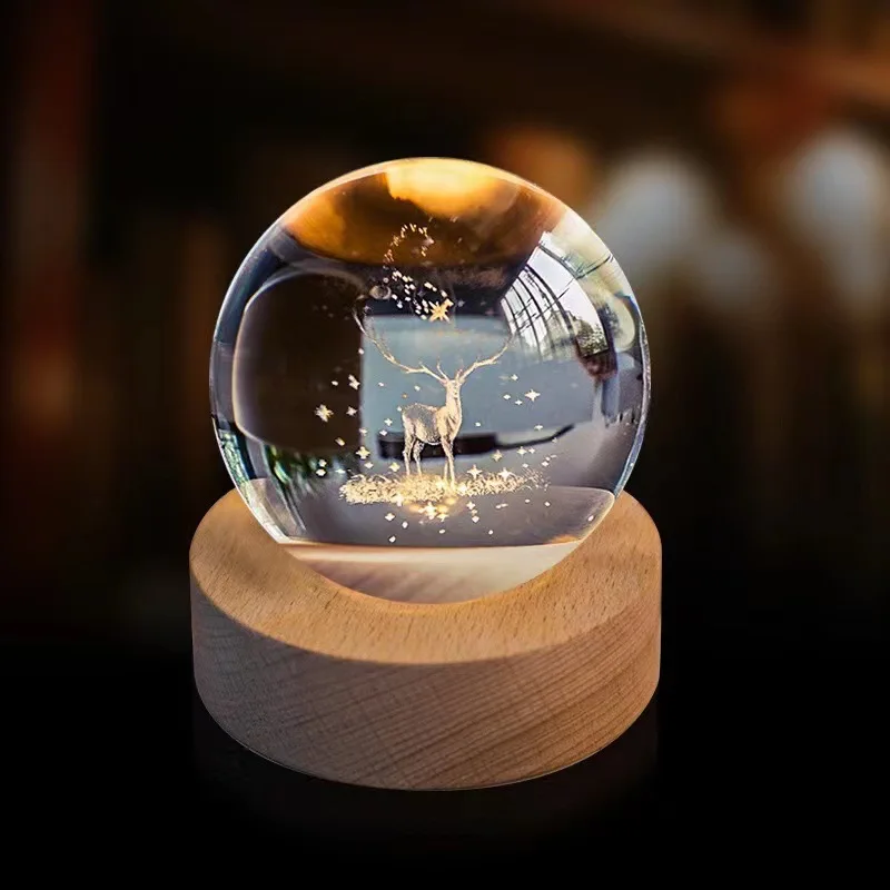 LED كريستال الكرة الجدول مصباح ، الكون سلسلة ضوء الليل ، الصلبة الخشب قاعدة ، متوهجة الكريستال ، زخرفة صغيرة ، درب التبانة ، 8 سنتيمتر