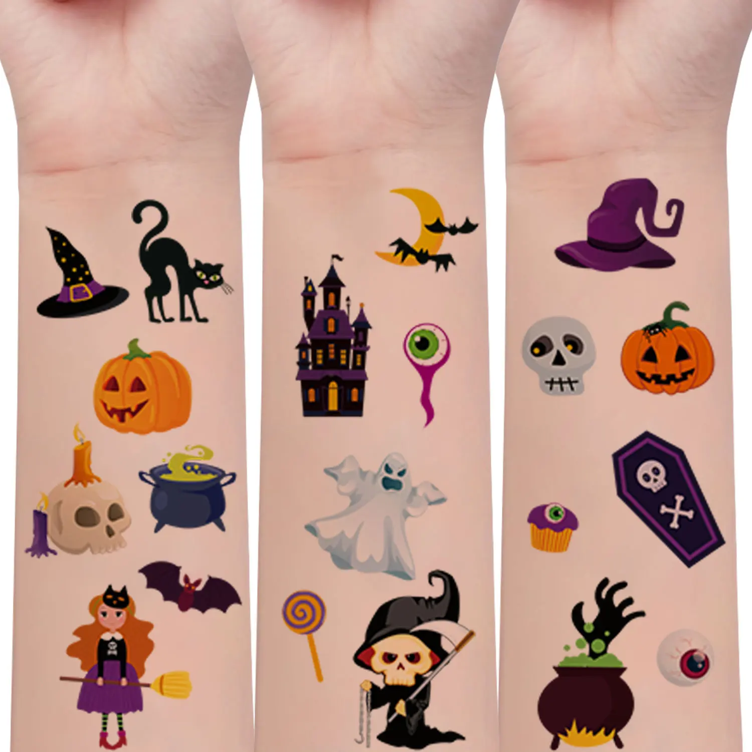 10 Sheets of 150 Cartoon Halloween Patterns Temporary Tattoo Stickers, Black Cat Bat Spider Vampire Zombie Witch Pattern Tattoos