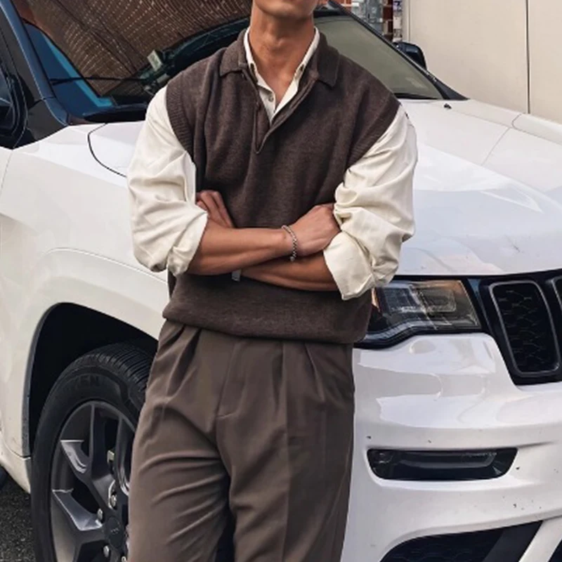 Vintage Knitting Vest Mens Sweaters Spring Autumn Fashion Solid Color Sleeveless Knit Tank Tops Men Outdoor Casual Jumper Tops