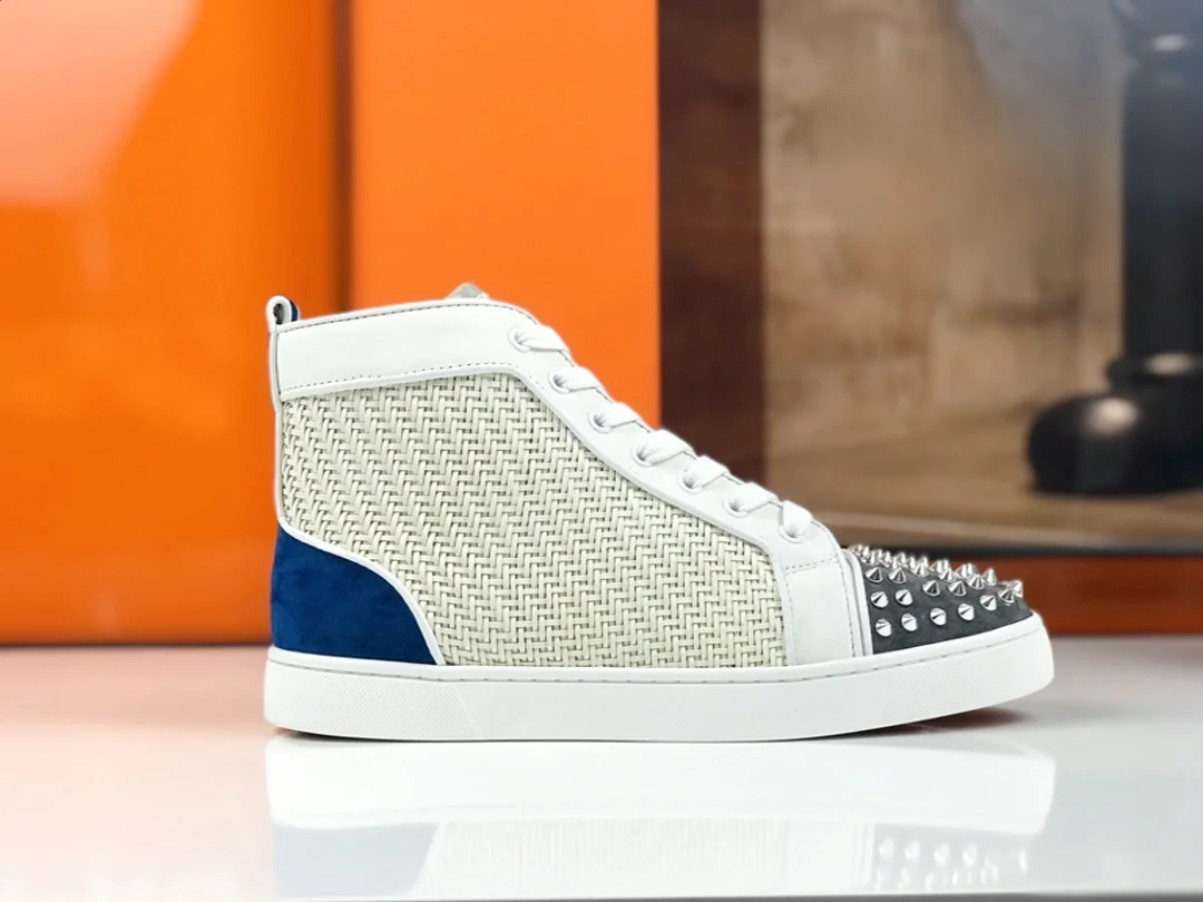 Luxury High Top White Weave Leather Shoes Spiked Toe Studded Footwear Lace Up Red Bottom Shoes For Men Fashion Casual Shoes