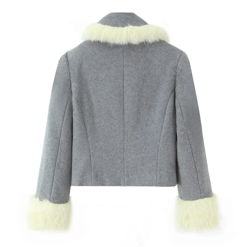 Conjunto elegante de 2 piezas de pantalones cortos empalmados de felpa para mujer, abrigo corto liso de manga larga + conjunto de pantalones cortos, conjunto informal para mujer