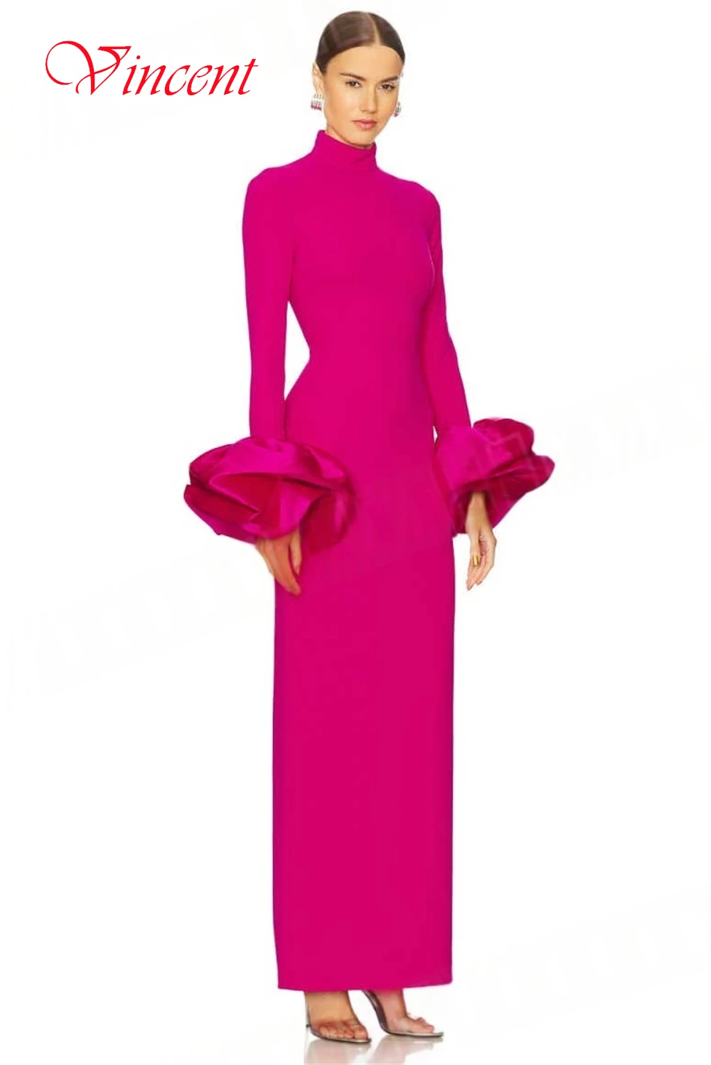 أزياء رسمية مخصصة حمراء طويلة الأكمام جيرسي حفلة موسيقية فستان سهرة فستان مناسبة مخصصة الكشكشة خط العنق العالي