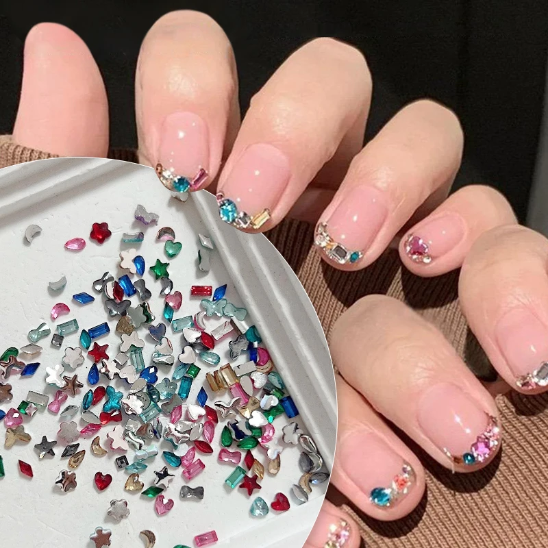 1000 ピース/バッグミニネイルスターラインストーンスター愛ハート水滴花幾何学的形状ネイルアートラインストーンセット盛り合わせ DIY デコ