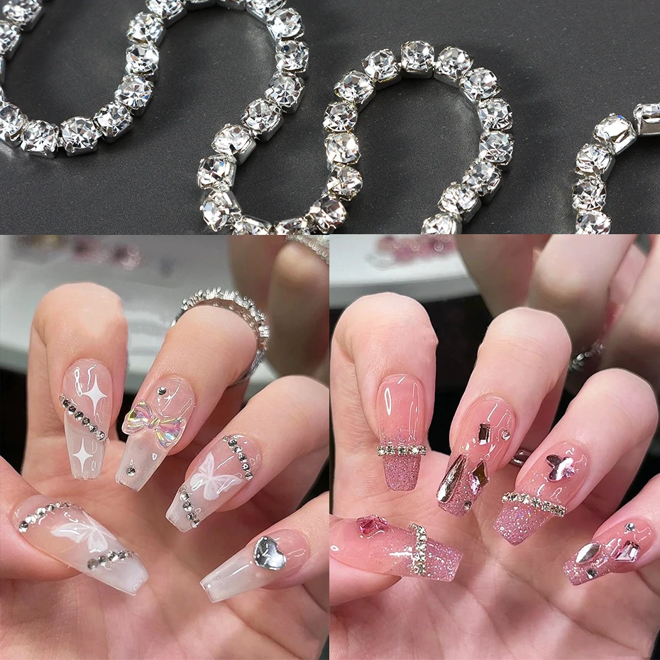 1 حزمة طويلة فاخرة تألق سلسلة مسمار الملحقات سلسلة معدنية فضية مع زخارف الماس DIY بها بنفسك رسومات أظافر الديكور