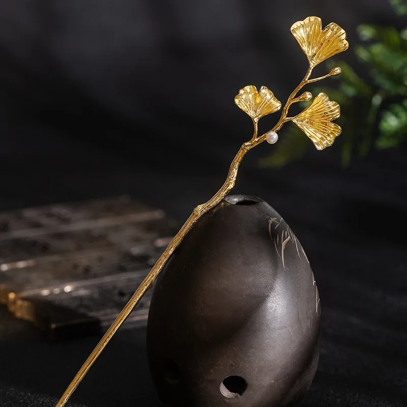

S925 Silver Original Design Hairpin Retro Three Lucky Hanfu Plate Hair Headdress Ginkgo Leaf Hairpin Hair Jewelry