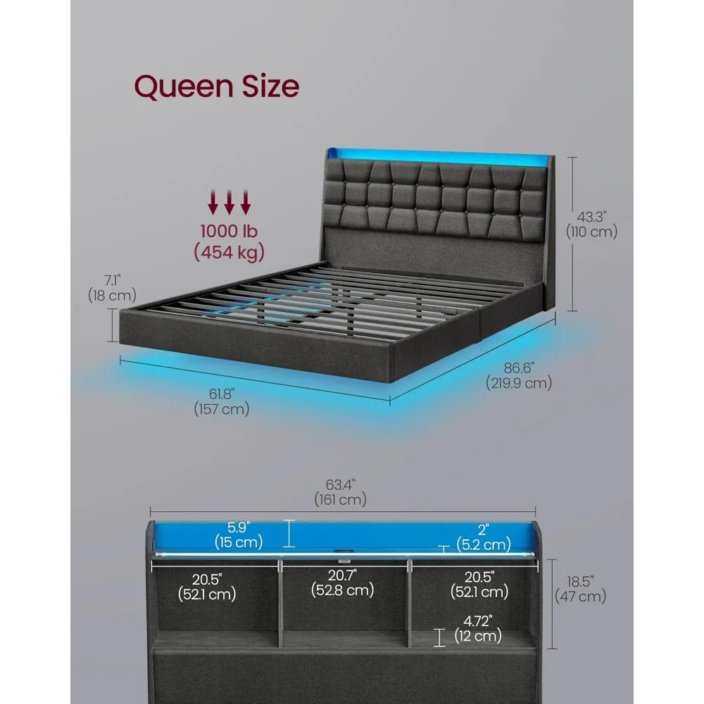 Queen Size Floating Bed Frame with LED Lights and Charging Station,Upholstered Platform Bed Frame, No Box Spring Needed