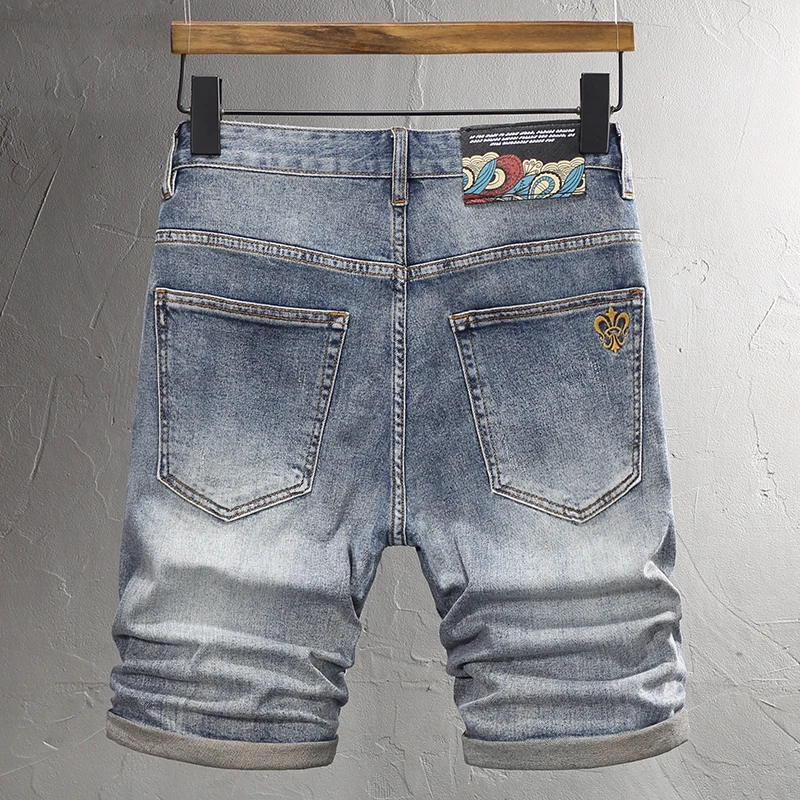 Summer Simple Fashion Men Jeans Retro Washed Blue Elastic Vintage Short Jeans Homme Embroidery Designer Casual Denim Shorts Men